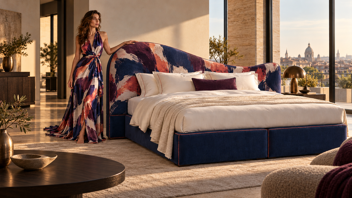 PRIDEBED bespoke upholstered bed in an elegant luxury bedroom, with coordinated fashion and artistic fabric design.
