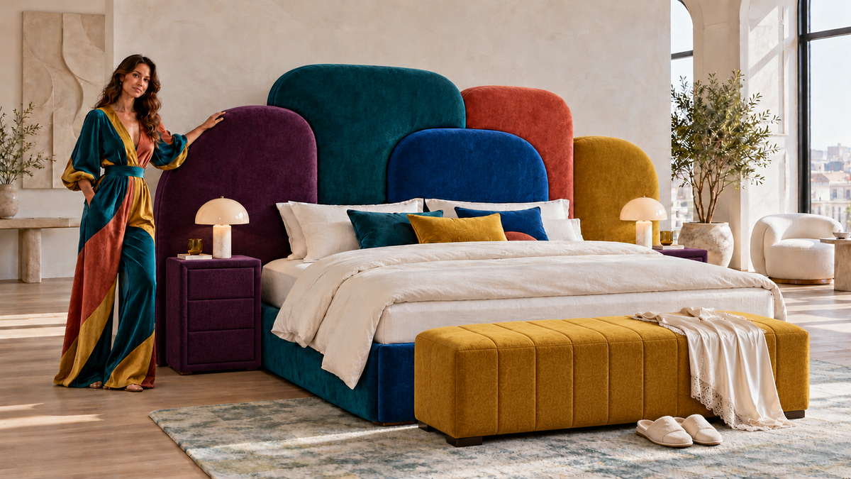 PRIDEBED bespoke boxspring with oversized colourful upholstered headboard, matching fashion, three-drawer nightstands and channel-stitched footbench.
