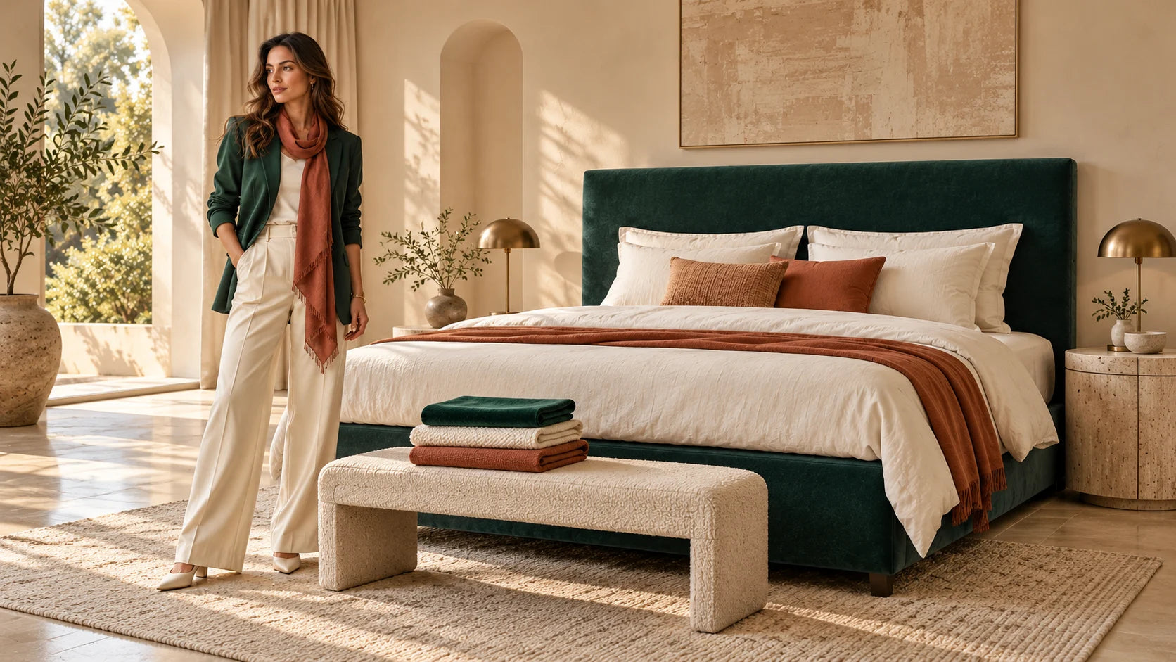 An emerald and terracotta outfit, matching fabric textures, and a contemporary bed inspired by the same palette.